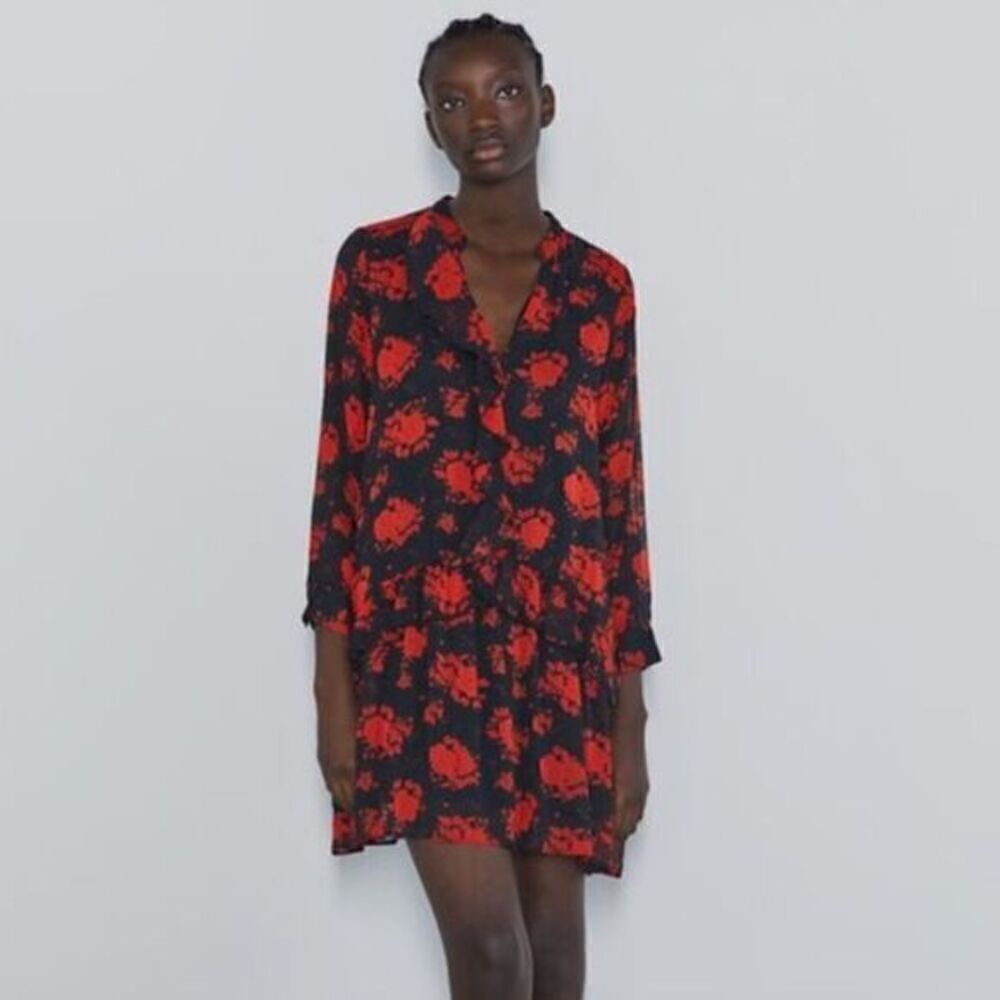 Zara Rose Floral Print Black Red Tiered Ruffle Dress